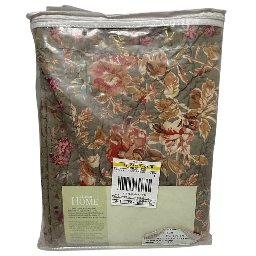 LL BEAN Quilted Pillow Sham Green Floral Rustic Farmhouse Standard Pillowcase Co